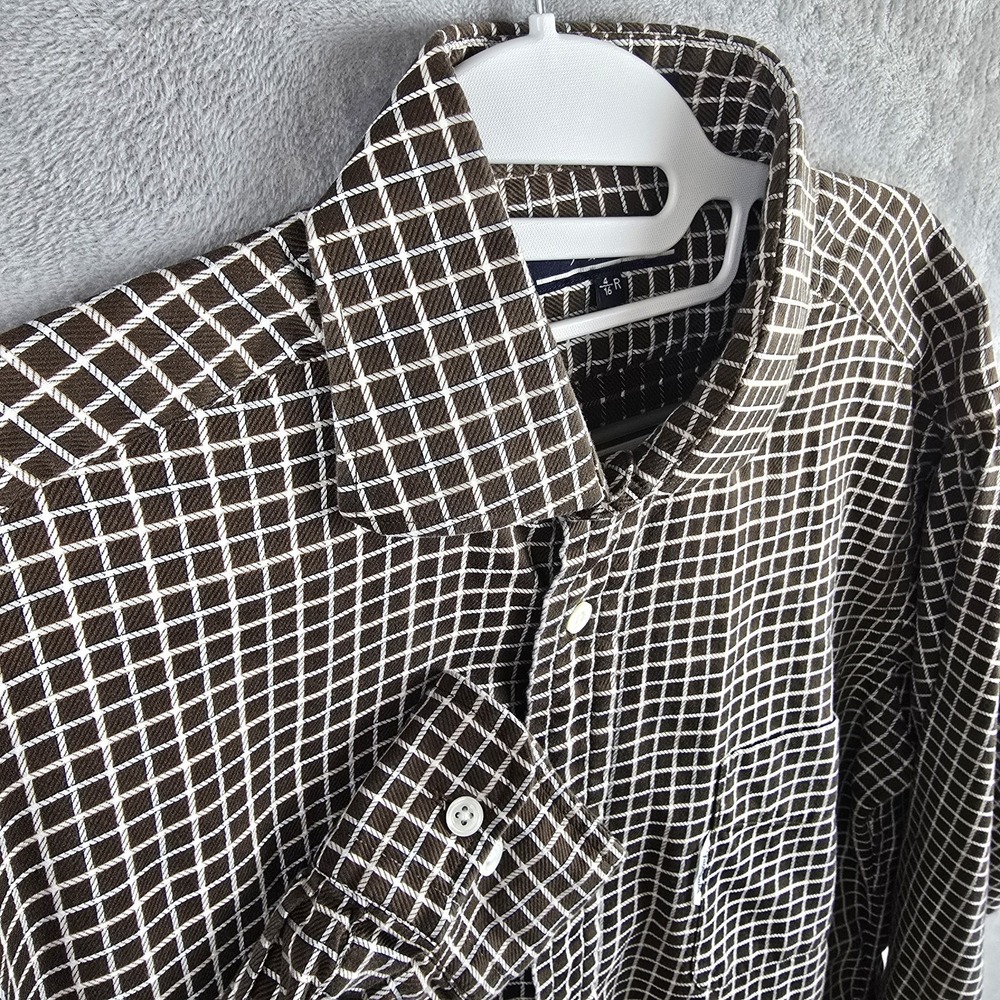 Faconnable Mens Brown White Grid Cotton Button Down Shirt Made in USA Size 16 R